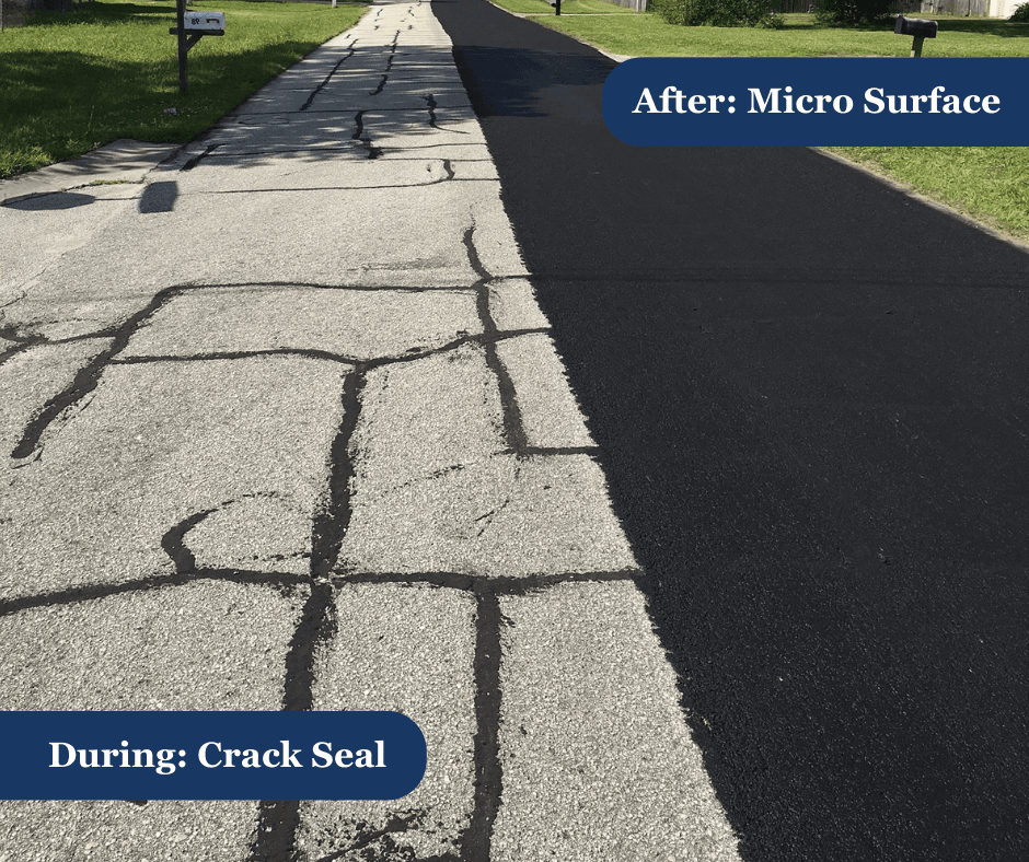 A photo showing a road with cracks sealed followed by full micro-surfacing making the roadway smooth